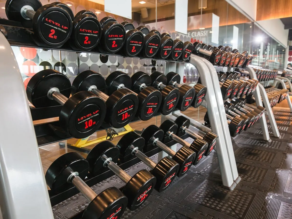 Full dumbbell range at Level Up Fitness Xpress iCom Square