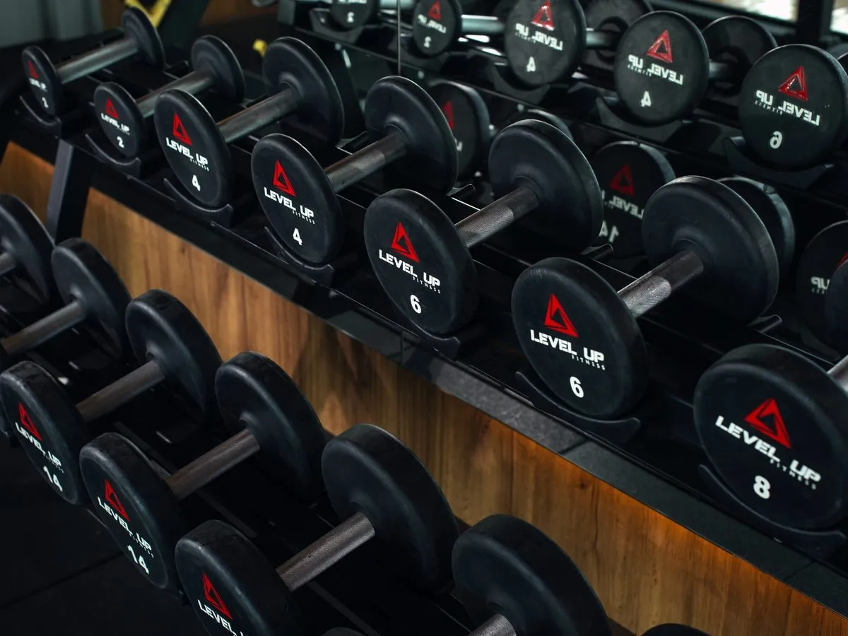 Rows of dumbbells at Level Up Fitness Xpress AEON Mall Kuching Central