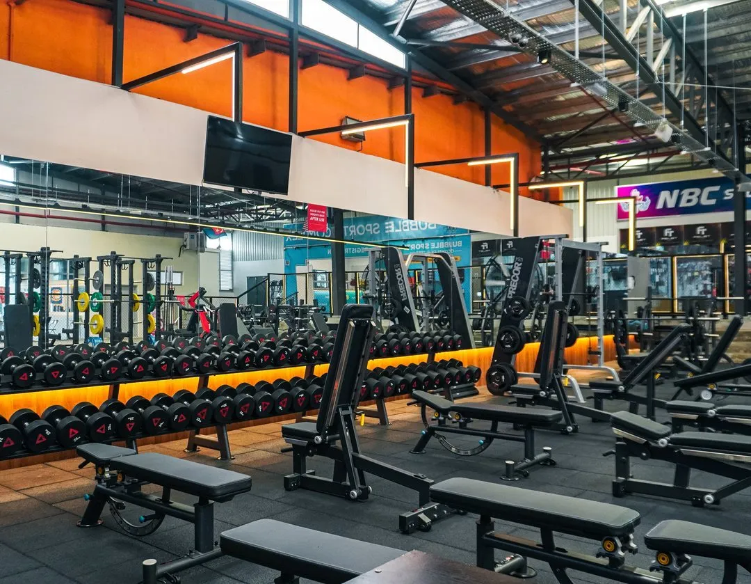 Free weights floor at Level Up Fitness Xpress Tebrau, Johor Bahru
