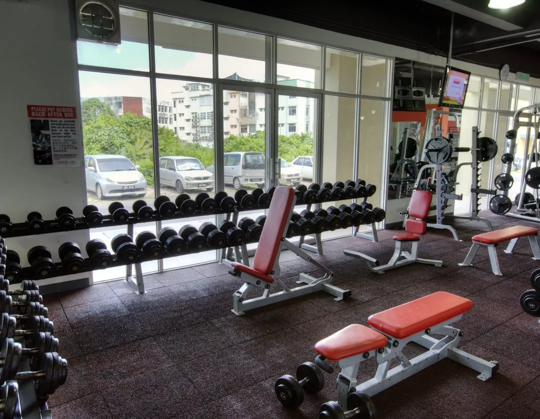 Free weights area at Level Up Fitness Petanak, Kuching